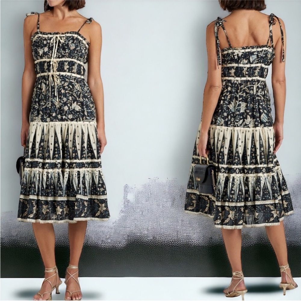 Christian Lacroix Navy and Ivory Printed Tiered Midi Dress Size M ~ Pristine - Picture 2 of 11